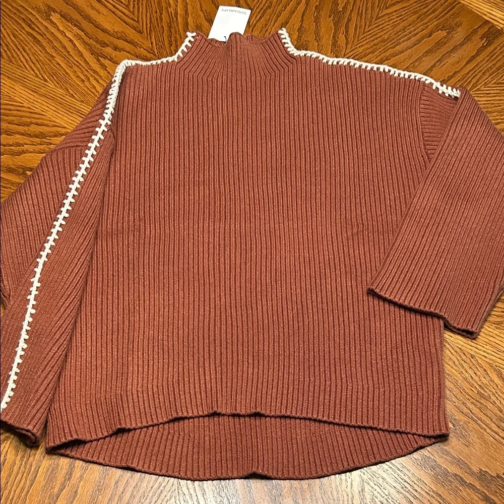 NWT Sugarlips Brown Cole Whipstitch Turtleneck Sweater. Size L